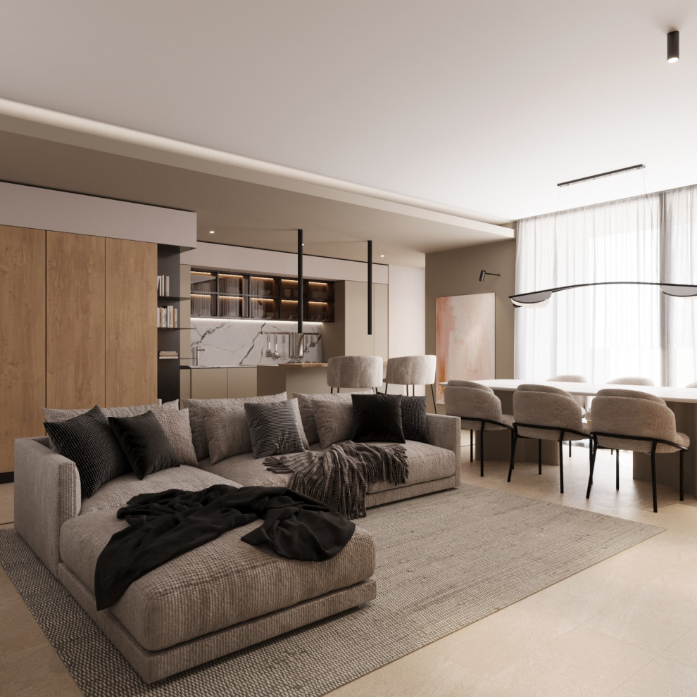 Immagine di un grande soggiorno minimalista stile loft con sala formale, pareti beige, pavimento in gres porcellanato, parete attrezzata, pavimento beige, soffitto ribassato e pareti in legno