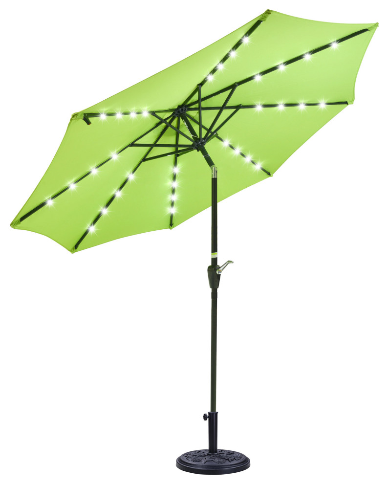 9 Ft Solar LED Lighted Patio Umbrella Kit Crank Tilt UV30+ Base Outdoor