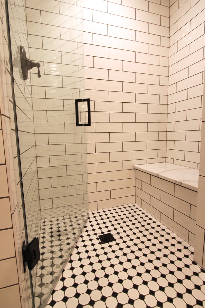 Inspiration for a small transitional 3/4 black and white tile and subway tile ceramic tile home design remodel in Omaha with red cabinets, gray walls, a drop-in sink and quartz countertops