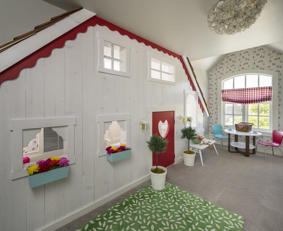 Photo of a transitional kids' playroom for girls in Salt Lake City with multi-coloured walls and carpet.