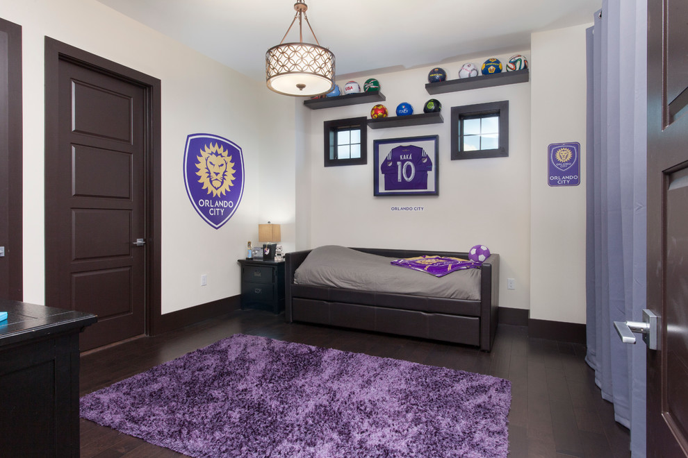 This is an example of a mid-sized contemporary bedroom in Orlando with white walls and dark hardwood floors.
