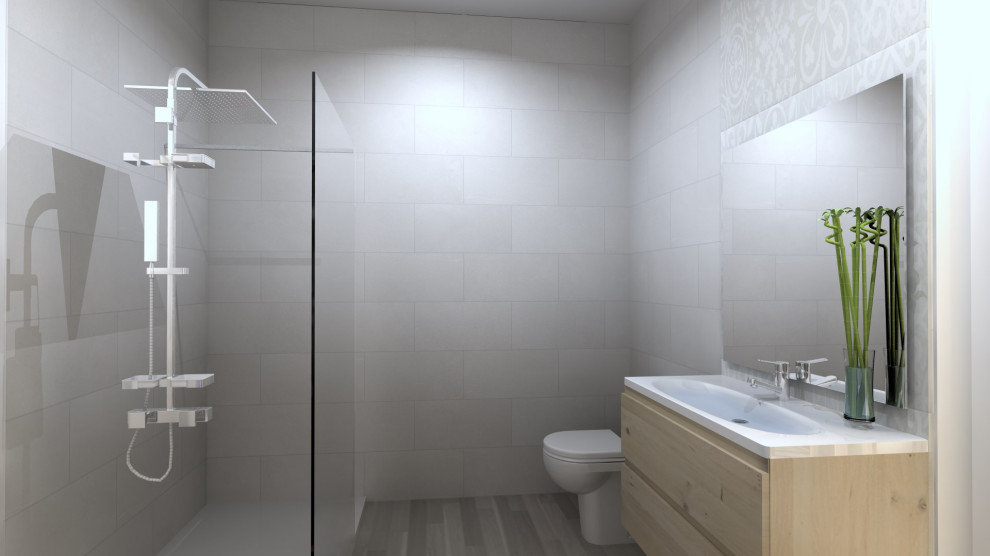 Mid-sized modern master wet room bathroom in Madrid with flat-panel cabinets, white cabinets, a one-piece toilet, beige tile, ceramic tile, grey walls, ceramic floors, an undermount sink, marble benchtops, grey floor, an open shower, grey benchtops, an enclosed toilet, a single vanity and a floating vanity.