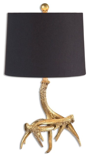 gold table lamp with black shade