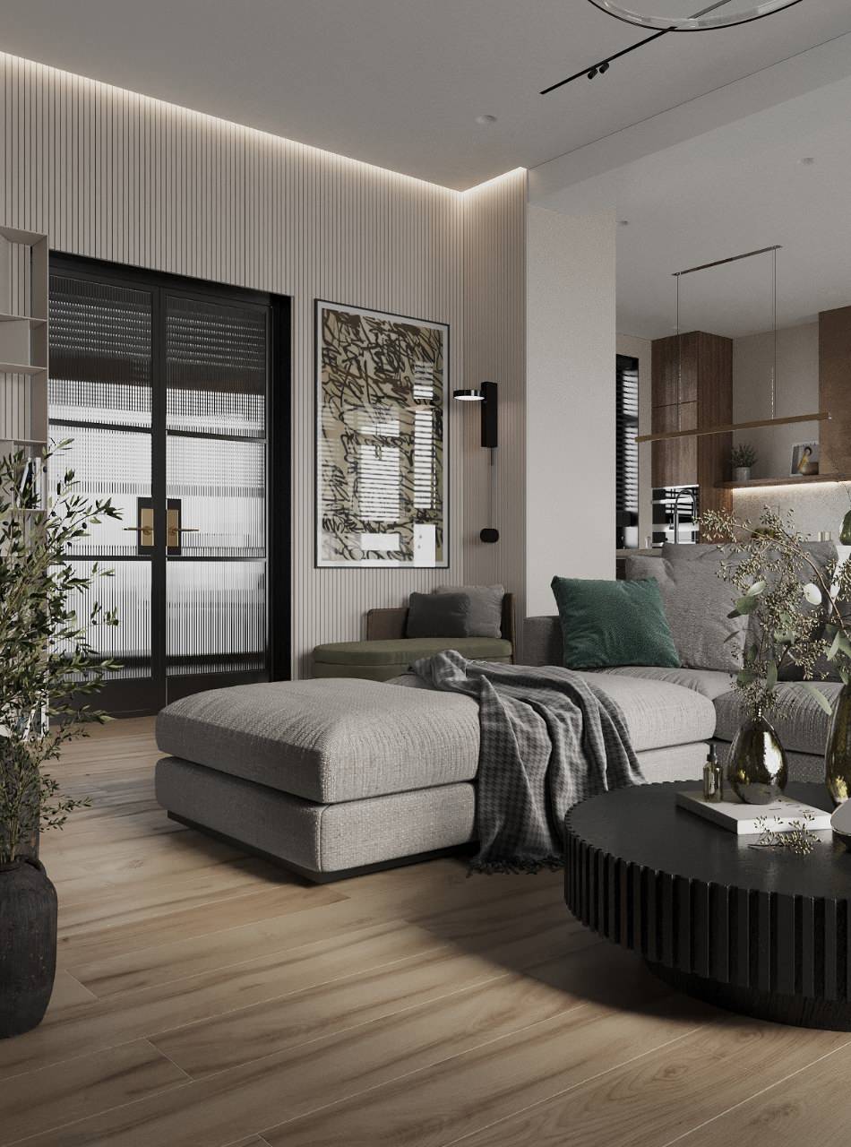 Гостиная в таунхаусе в поселке Новорижский, 277 м2