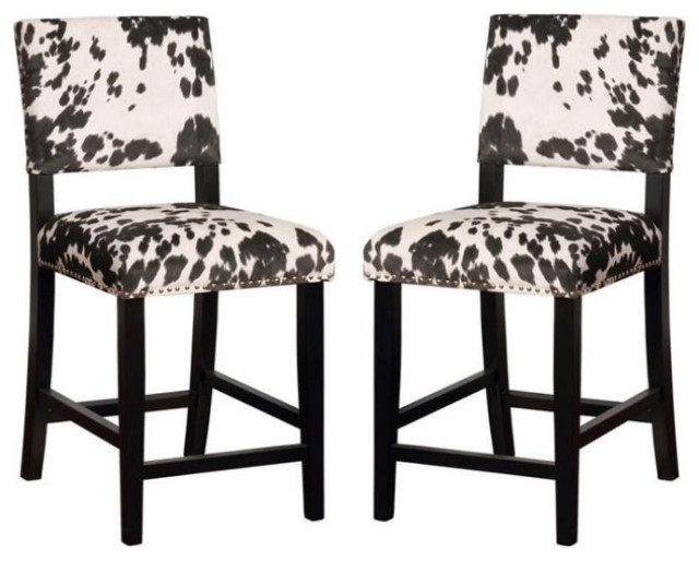 Home Square 2 Piece Cow Print Wood Counter Stool Set in Black