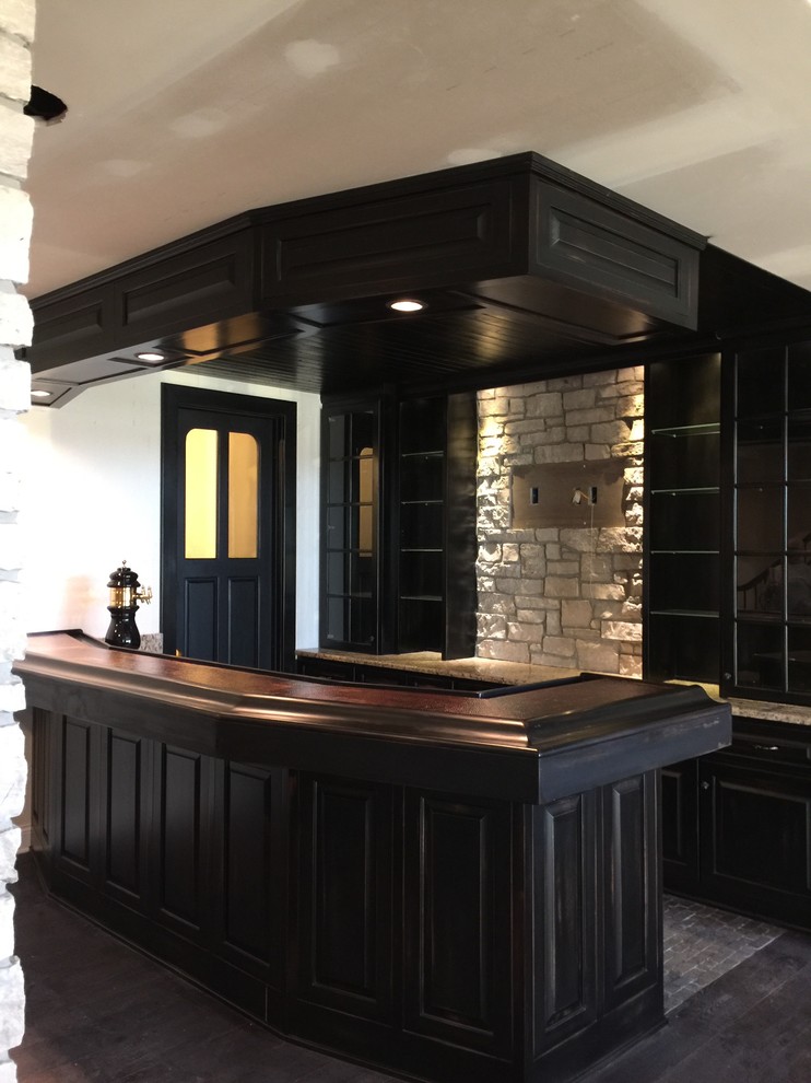 Design ideas for a country home bar in Chicago with an undermount sink, raised-panel cabinets, black cabinets, copper benchtops and stone slab splashback.