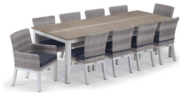Travira 11-Piece 103"x42" Table and Argento Woven Chair Dining Set, Blue Cushion