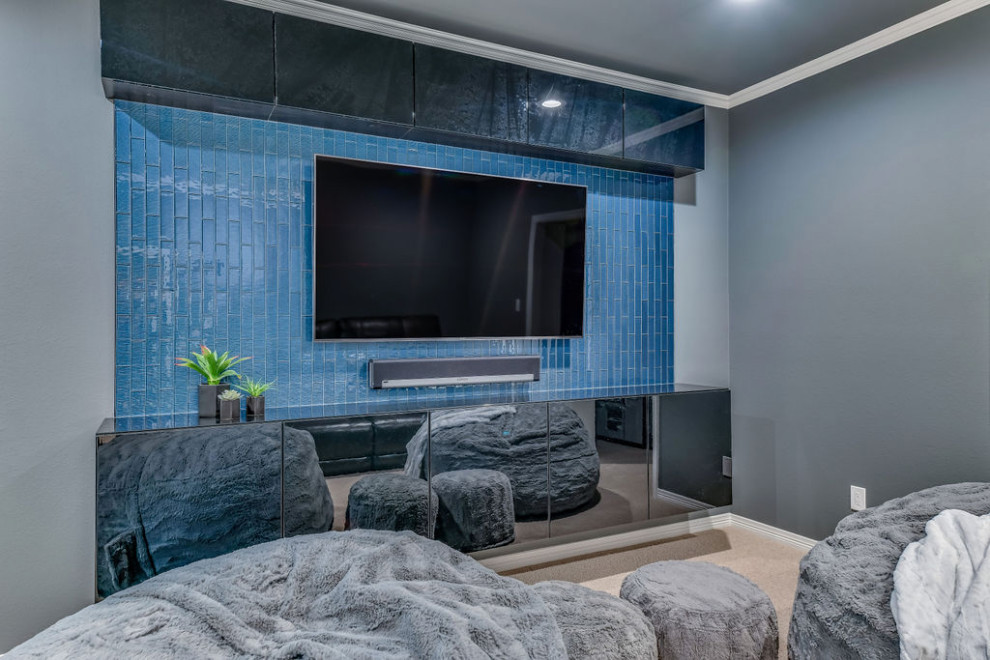 Inspiration for a large transitional enclosed home theatre in Dallas with grey walls, carpet, a wall-mounted tv and grey floor.