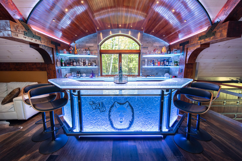 Glass private bar and glass stair treads inside a man cave in Michigan ...