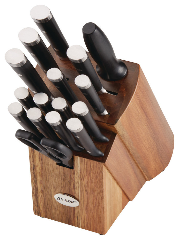 Anolon Cutlery 17Piece Japanese Stainless Steel Knife Block Set, Black