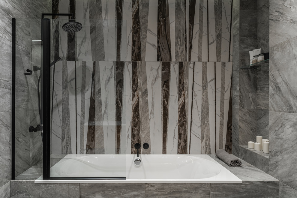 This is an example of a medium sized scandi bathroom in Saint Petersburg with flat-panel cabinets, medium wood cabinets, beige tiles, marble tiles, beige walls, wood-effect flooring, a submerged sink, tiled worktops, beige floors, white worktops and a floating vanity unit.