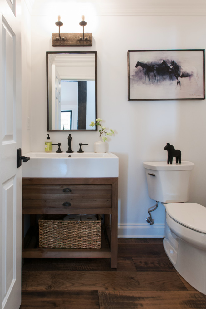This is an example of a small country shower room bathroom in Nashville with blue cabinets, medium hardwood flooring, brown floors, white worktops, a single sink and a freestanding vanity unit.