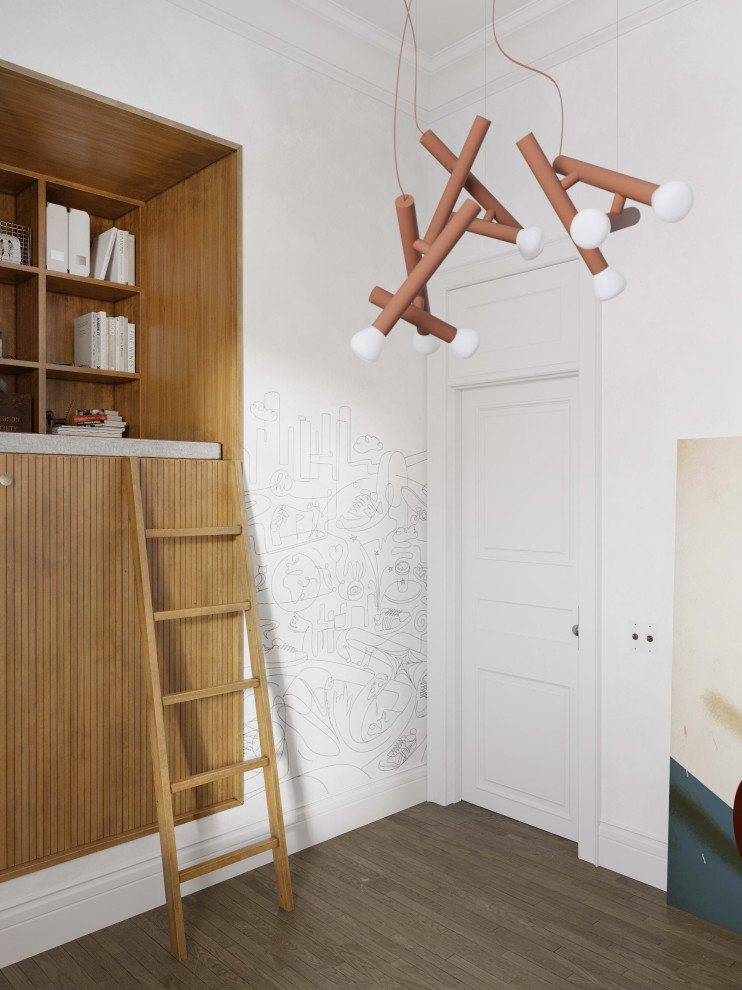 Inspiration för ett stort skandinaviskt könsneutralt barnrum kombinerat med lekrum och för 4-10-åringar, med vita väggar, mellanmörkt trägolv och beiget golv