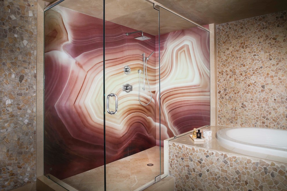 Photo of a modern bathroom in Miami with multi-coloured tile and multi-coloured walls.
