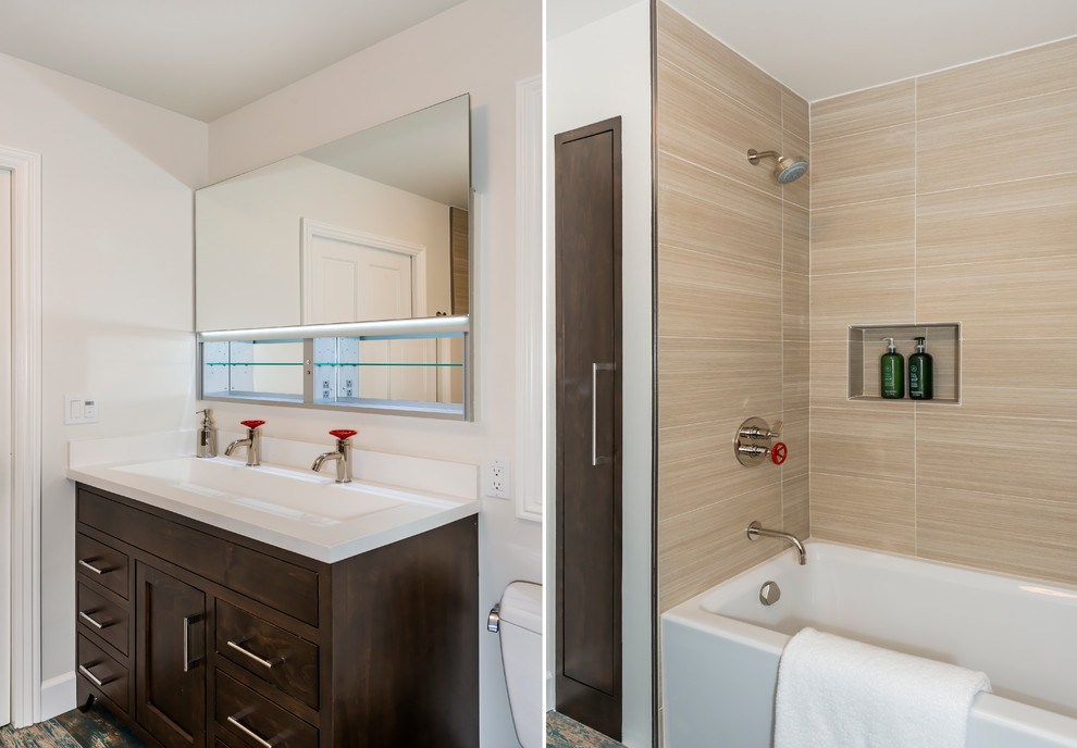 Mid-sized transitional master bathroom in San Francisco with flat-panel cabinets, dark wood cabinets, an alcove tub, an alcove shower, beige tile, porcelain tile, white walls, terrazzo floors, a trough sink, solid surface benchtops, a two-piece toilet, multi-coloured floor and a shower curtain.