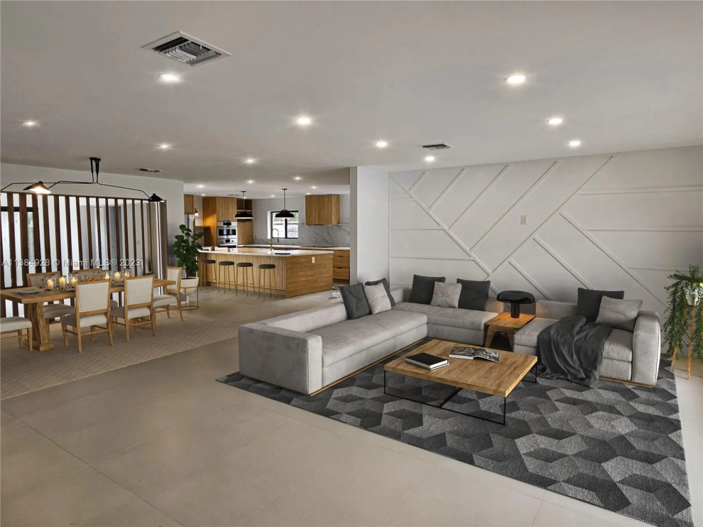 Ispirazione per un soggiorno design di medie dimensioni e aperto con pareti bianche, pavimento in gres porcellanato e pavimento grigio