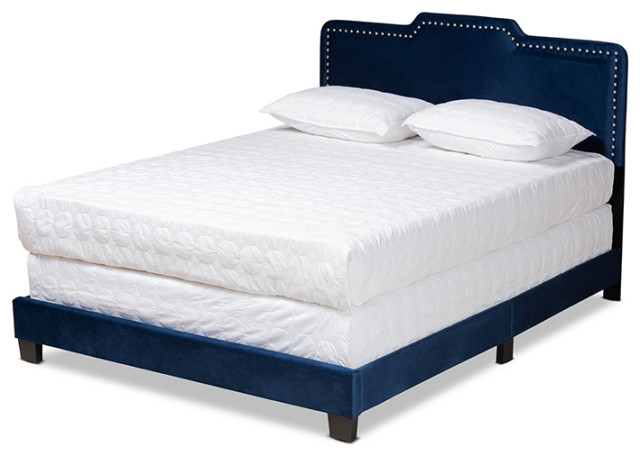 Cassy Modern Contemporary Glam Velvet Upholstered Panel Bed, Navy Blue, Full