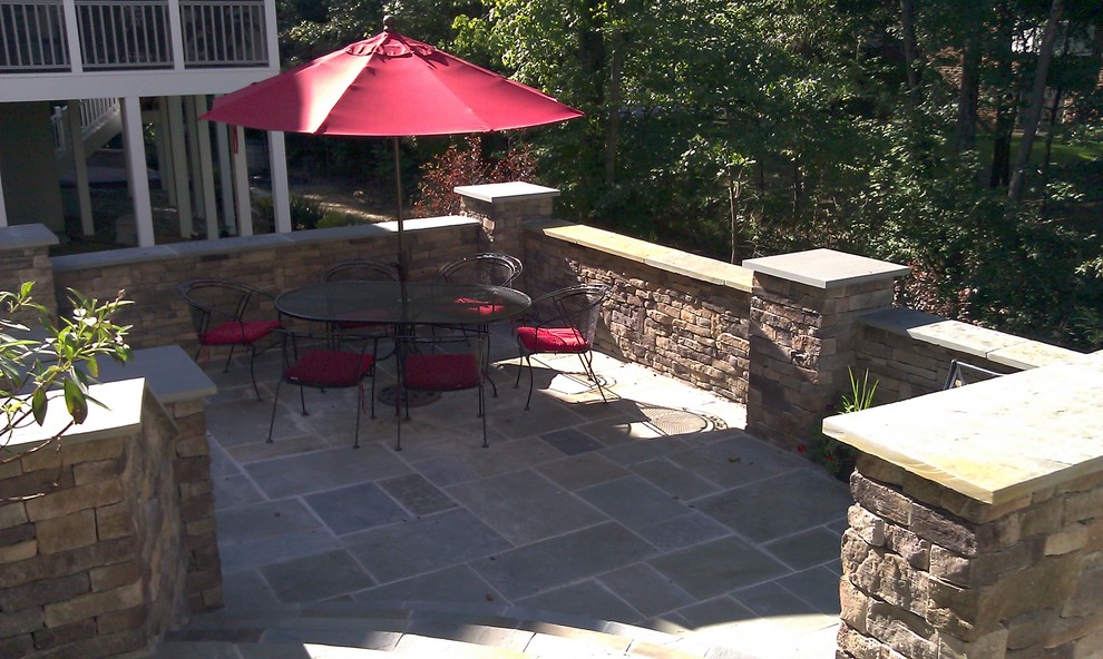 Inspiration for a large transitional backyard patio in DC Metro with a fire feature, natural stone pavers and no cover.