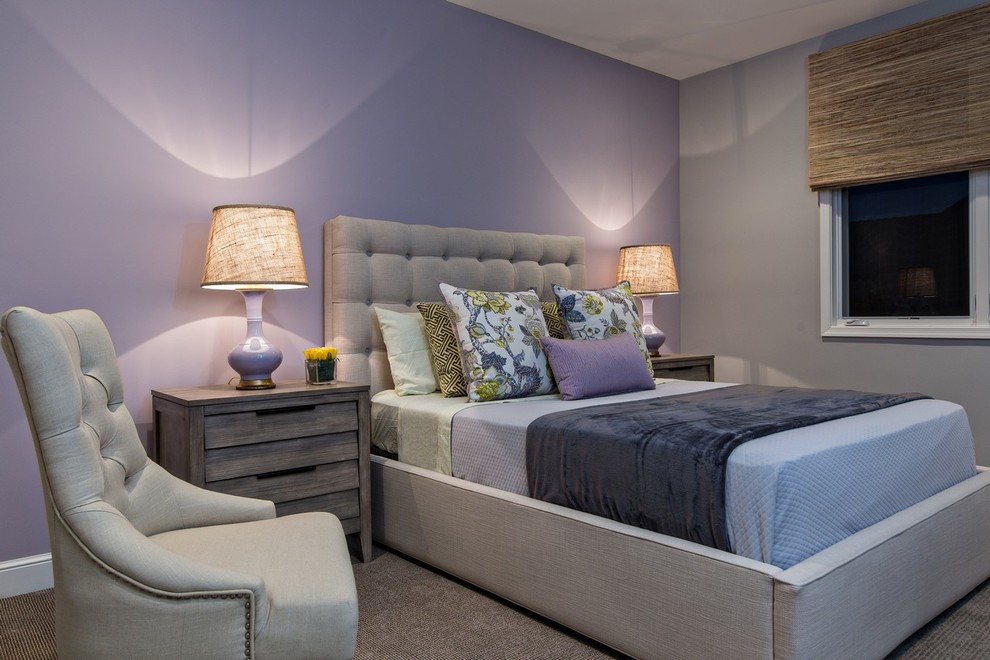 Inspiration for a mid-sized transitional guest carpeted bedroom remodel in Miami with beige walls