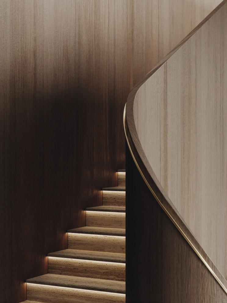 Foto de escalera recta moderna grande con barandilla de madera y madera