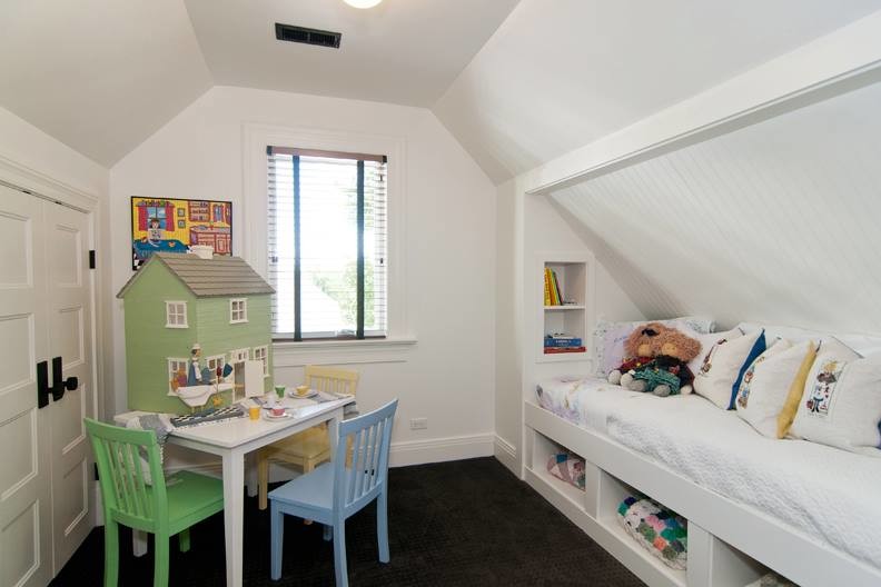 Inspiration for a small modern guest carpeted bedroom remodel with white walls and no fireplace