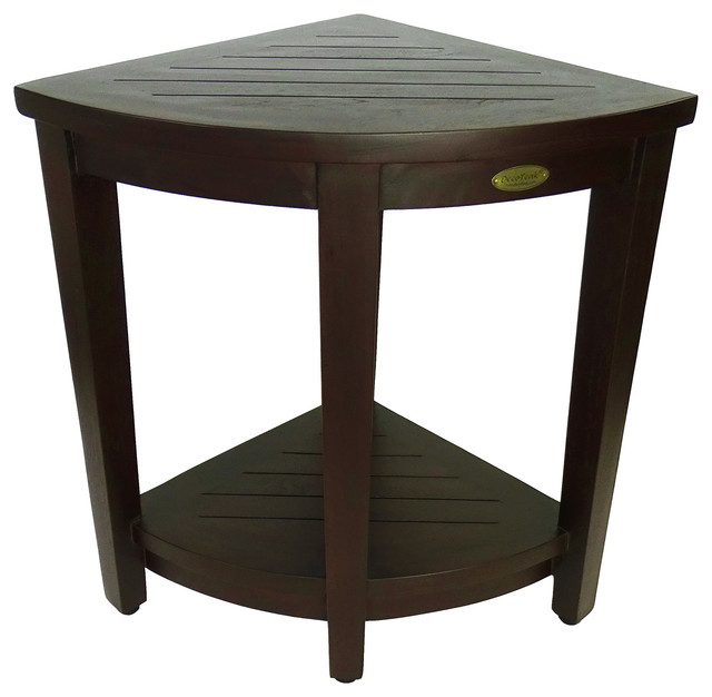 Decoteak Oasis Extended Height Teak Corner Shower Bench With Shelf