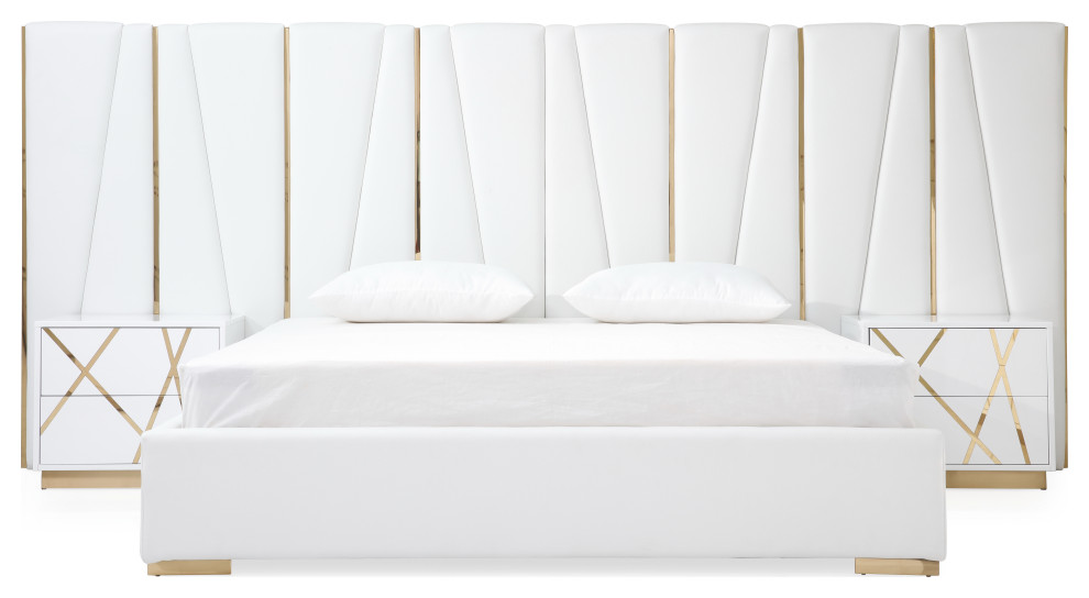 Modrest Nixa White + Rose Gold Bed + Nightstands, Eastern King