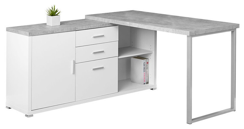 Monarch L Shaped Corner Computer Desk in White and Gray Cement