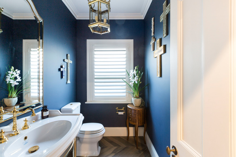 Photo of a mid-sized transitional bathroom in Sydney with blue walls, dark hardwood floors and a pedestal sink.