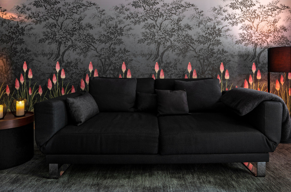Design ideas for a medium sized contemporary enclosed games room in Munich with wallpapered walls.