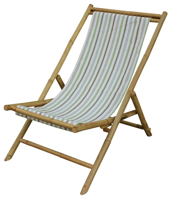 Folding Bamboo Relax Sling Chair White Stripe Canvas Asian