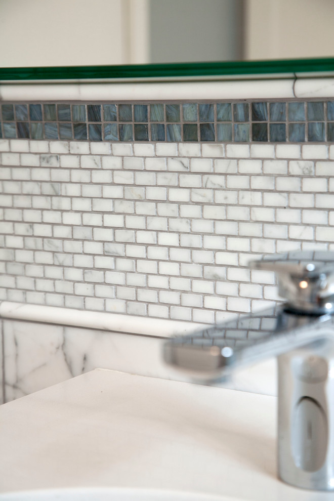 Example of a mid-sized transitional master gray tile and stone tile bathroom design in Chicago