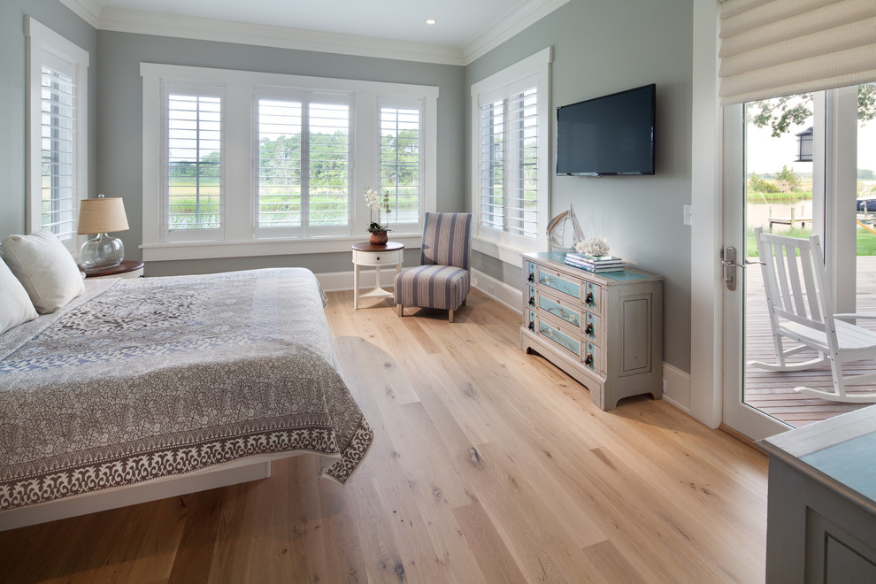 Bedroom - coastal medium tone wood floor bedroom idea in DC Metro with gray walls