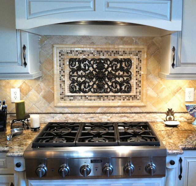 Kitchen backsplash mosaic and metal accent mural