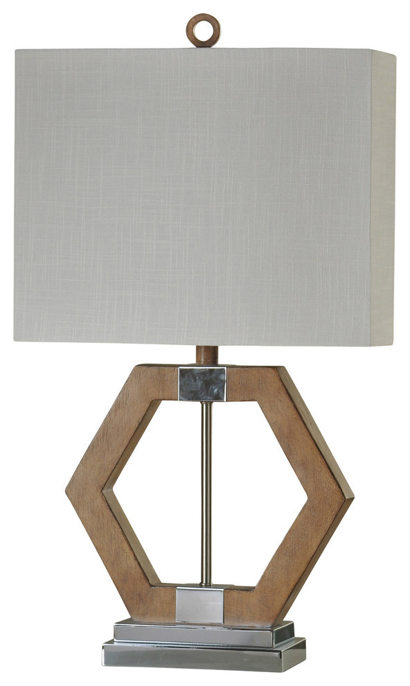 Karachi Table Lamp, Chrome and Brown Finish, White Hardback Fabric