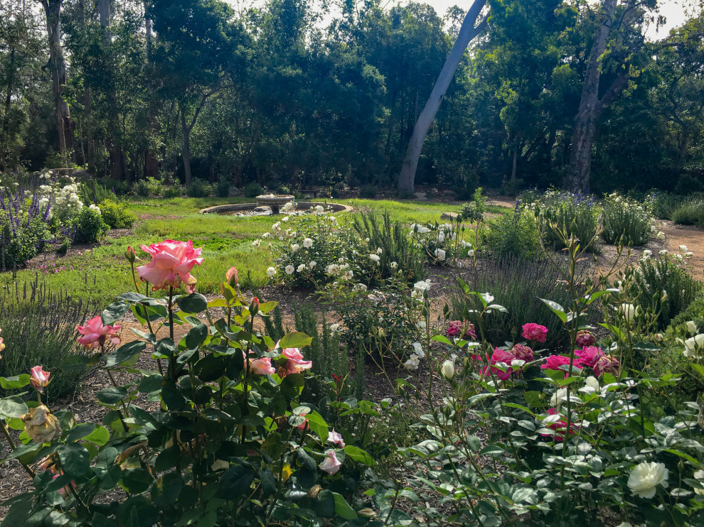 На фото: огромный засухоустойчивый сад в стиле кантри с клумбами и покрытием из гравия с