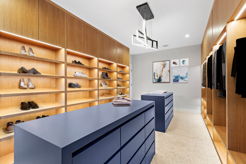 Foto de armario y vestidor minimalista con armarios con paneles lisos y puertas de armario de madera clara