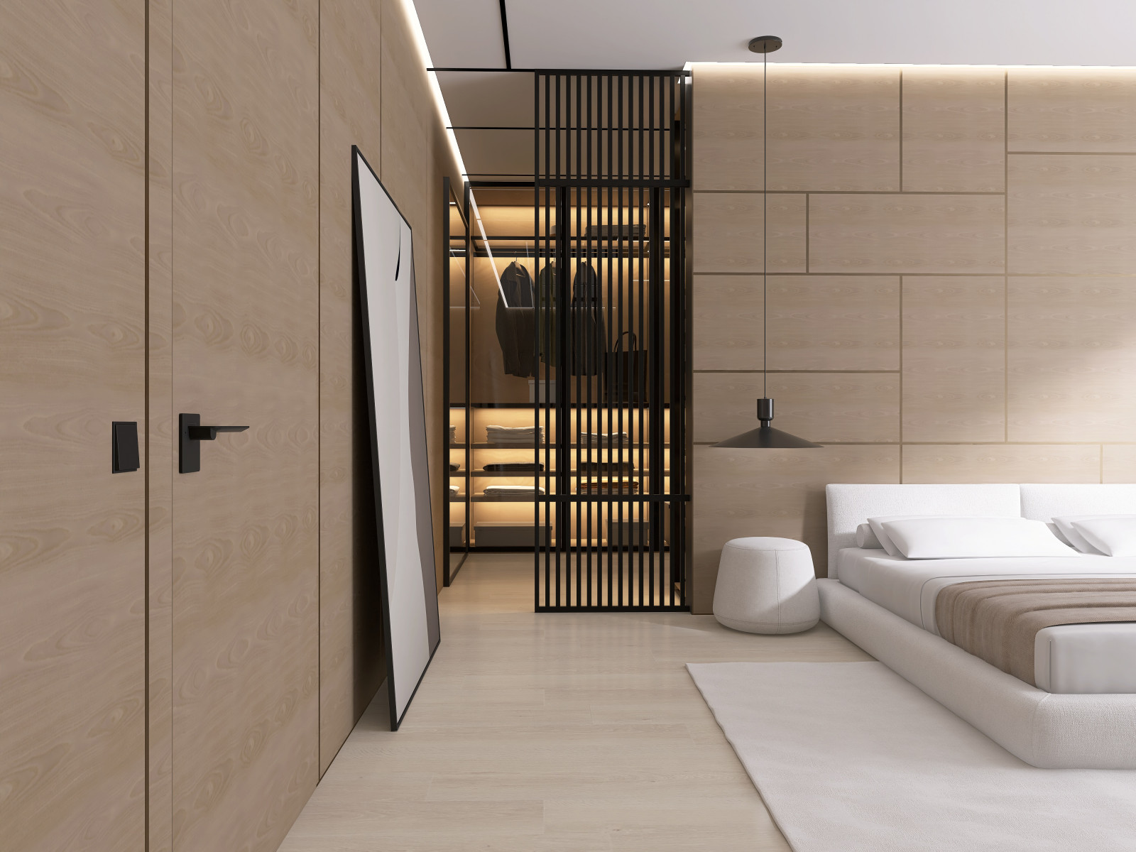 Мастер-блок с собственным гардеробом, необычным полками для книг и ковром на всю