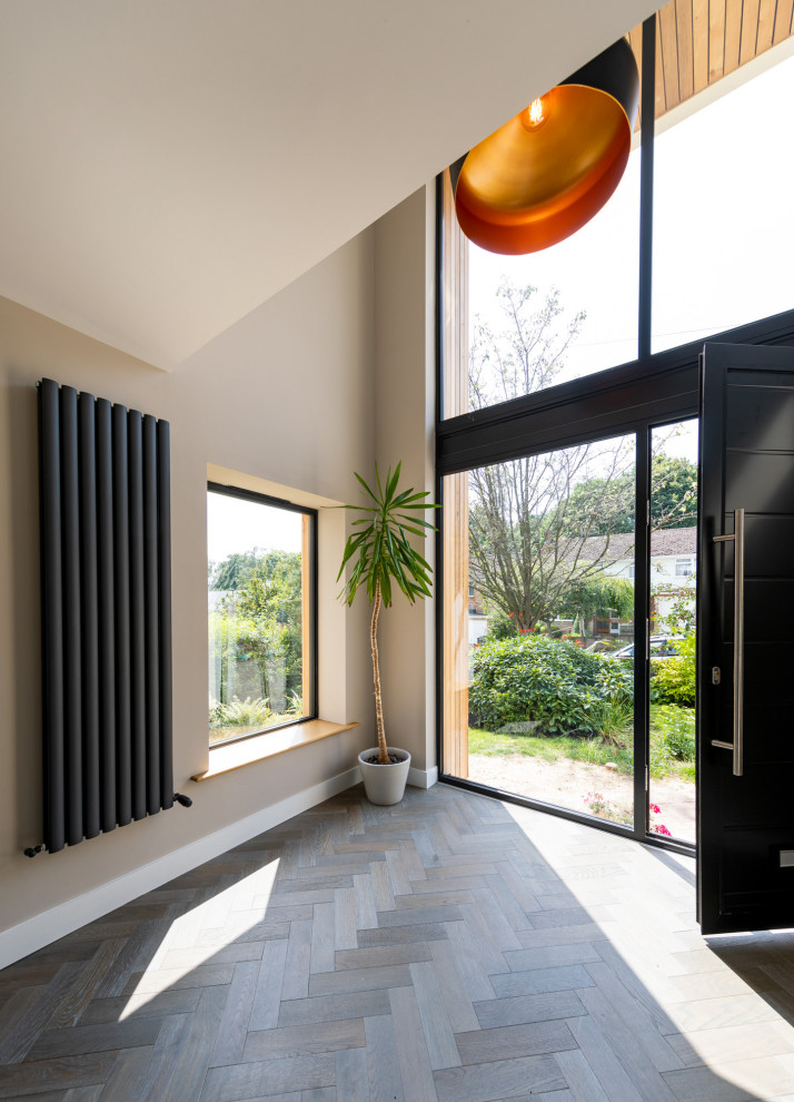 Immagine di una porta d'ingresso contemporanea di medie dimensioni con pareti bianche, pavimento in legno massello medio, una porta singola, una porta nera e pavimento grigio