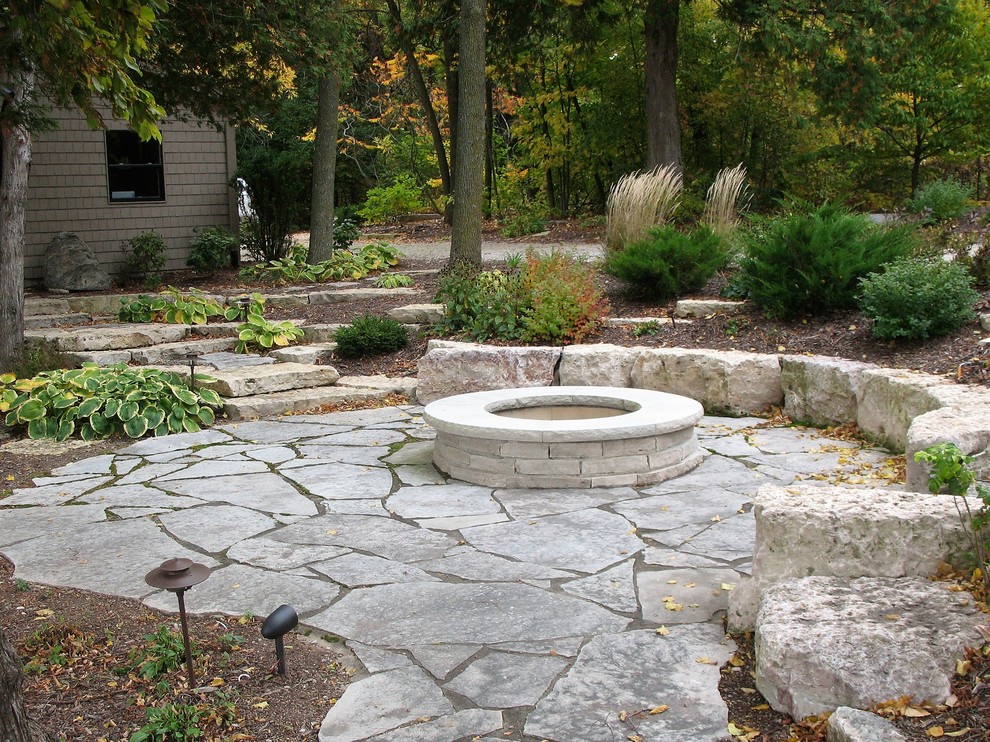 Inspiration for a mid-sized country backyard patio in Other with a fire feature, no cover and natural stone pavers.
