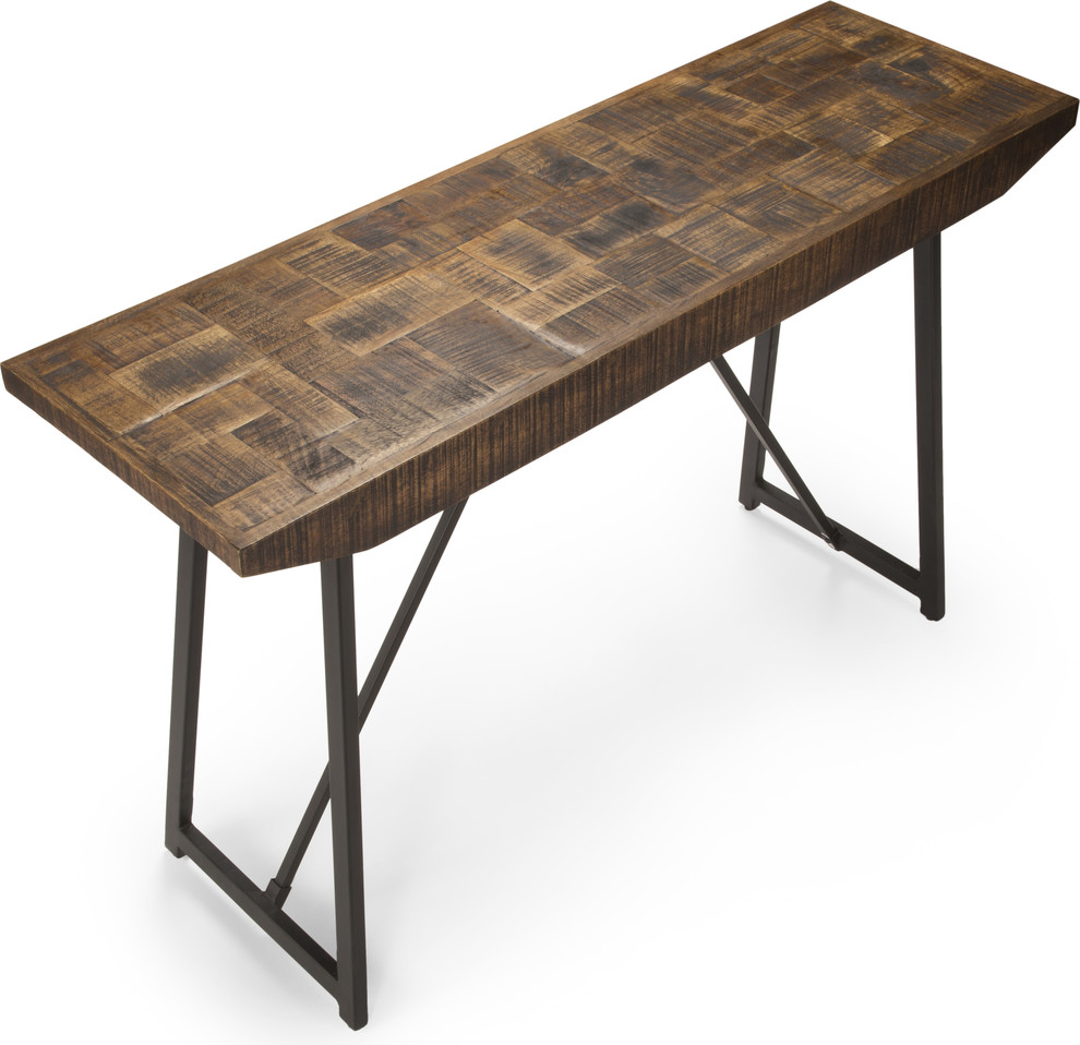 Walden Parquet Sofa Table - Mango with Parquet Design, Dark Gray Base