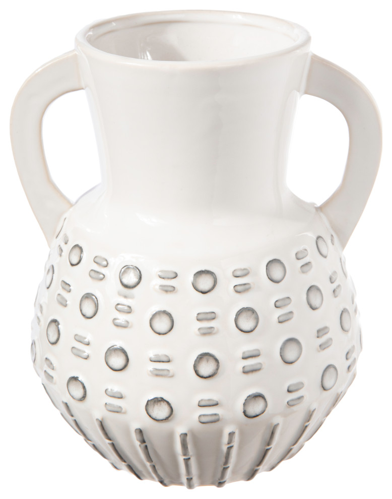 Round Bellied Ceramic Vase with Handles and Bubble Design Gloss White Finish
