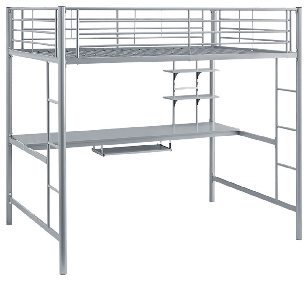Premium Metal Full Size Loft Bed with Wood Workstation Silver