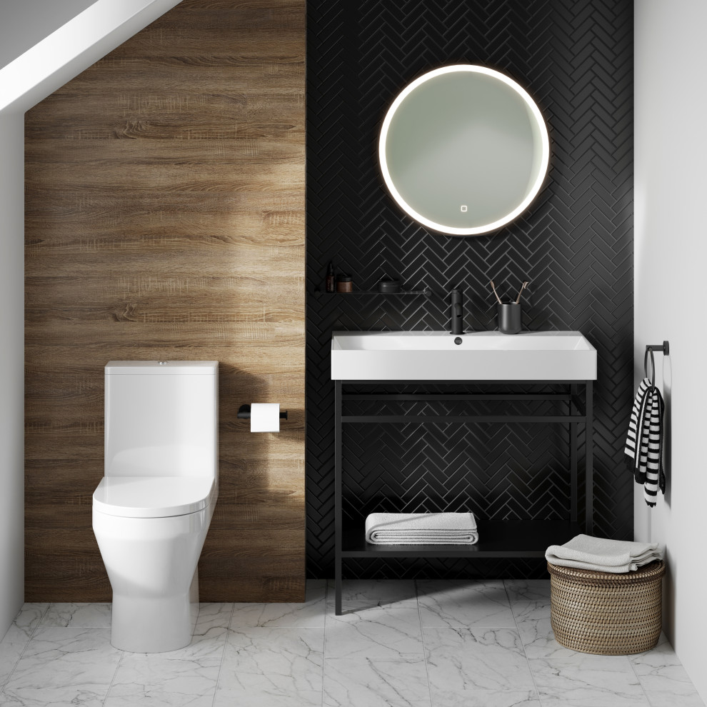 Photo of a medium sized modern family bathroom in Kent with a two-piece toilet, black tiles, brown walls, marble flooring, a console sink, white floors, white worktops, a single sink and matchstick tiles.