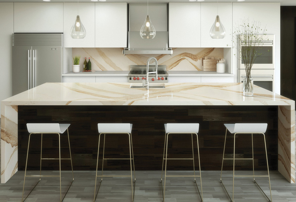 Inspiration for an expansive modern u-shaped eat-in kitchen in Tampa with an undermount sink, flat-panel cabinets, white cabinets, quartz benchtops, yellow splashback, engineered quartz splashback, white appliances, terra-cotta floors, with island, grey floor, yellow benchtop and vaulted.