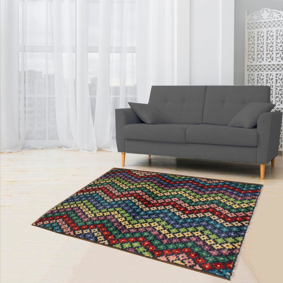 Modern Balochi Fleta Blue/Beige Wool Rug 3'4'' x 4'8'' Southwestern