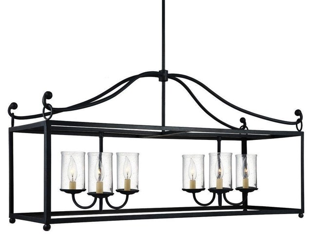Declaration Six Light Island Antique Forged Iron Clear Seeded Gl Antique Forged Iron Clear Seeded Gl