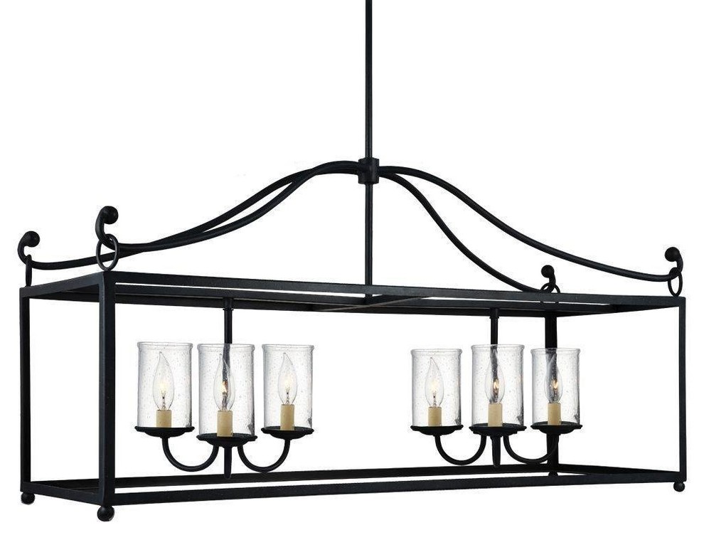 Declaration Six Light Island Antique Forged Iron Clear Seeded Gl Antique Forged Iron Clear Seeded Gl