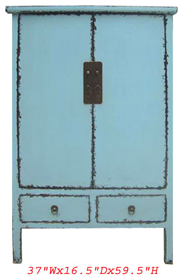 Tall Chinese Antique Ming Style Blue Lacquer Armoire Cabinet