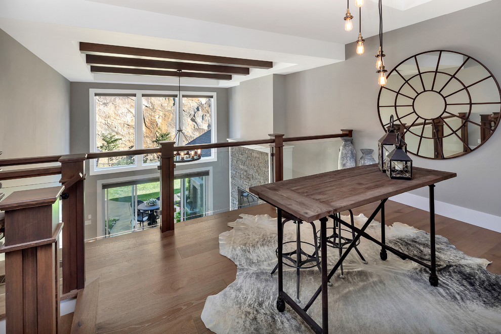 Inspiration for a transitional medium tone wood floor and brown floor hallway remodel